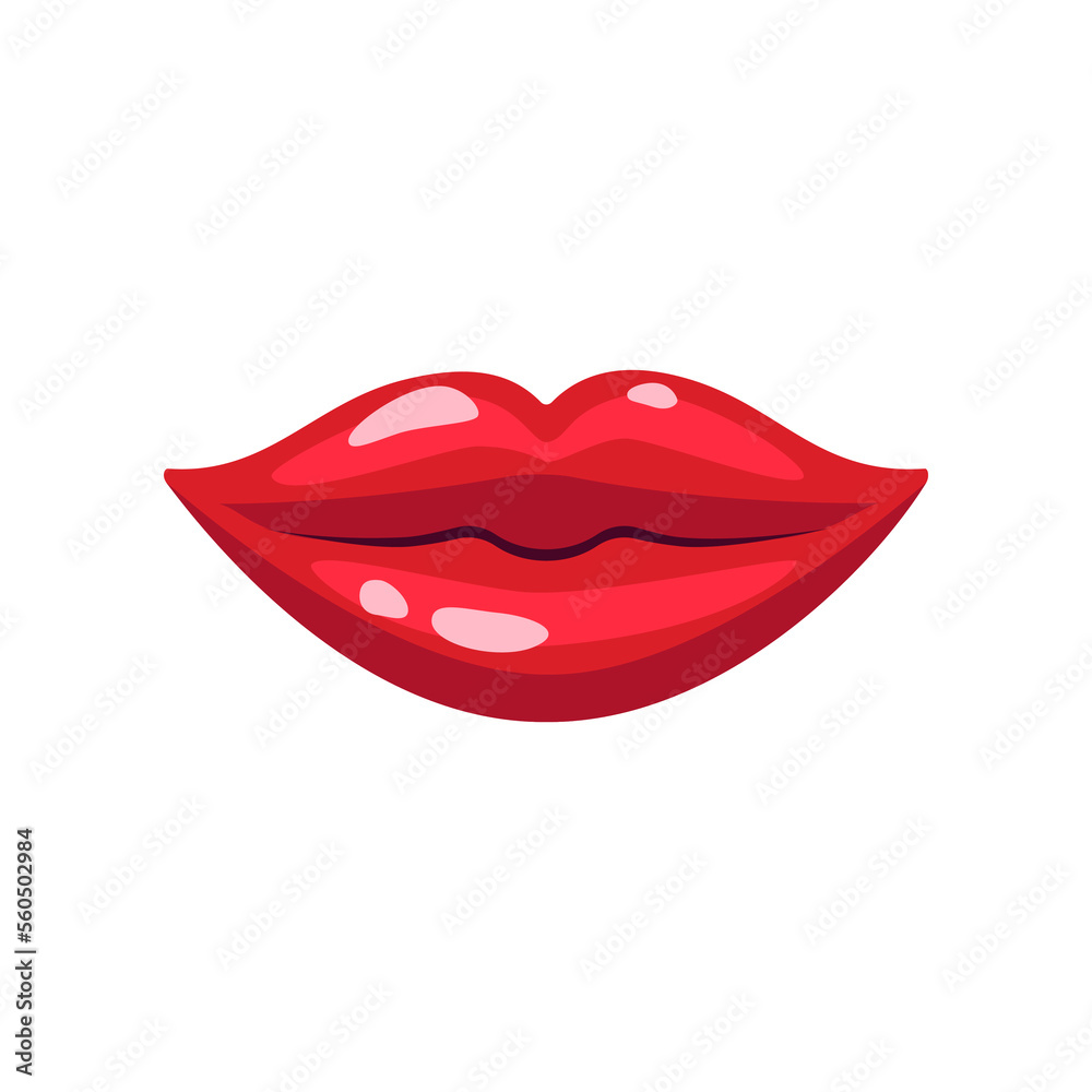 Closed lips of smiling woman with red lipstick vector illustration. Cartoon drawing of comic female mouth smiling, lip gloss. Love, desire, glamour concept Closed lips of smiling woman with red lipstick vector illustration. Cartoon drawing of comic female mouth smiling, lip gloss. Love, desire, glamour concept