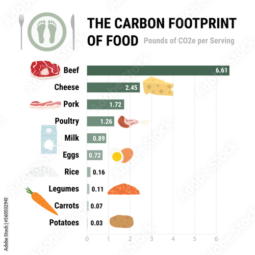 Carbon footprint of food infographic. Greenhouse gases contribution in diet.  Plant-based diet, environmental, ecology concept. True data. Flat vector illustration.