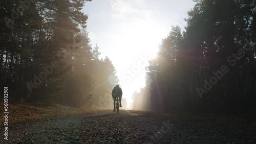 Ridin a gravel bike in foggy forest photo