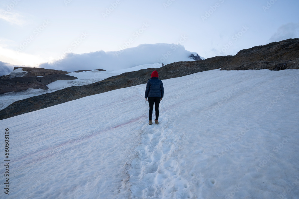 View of a hiker walking across the snow  in glacier Castaño Overo, in the peak of Tronador hill in Patagonia Argentina. 