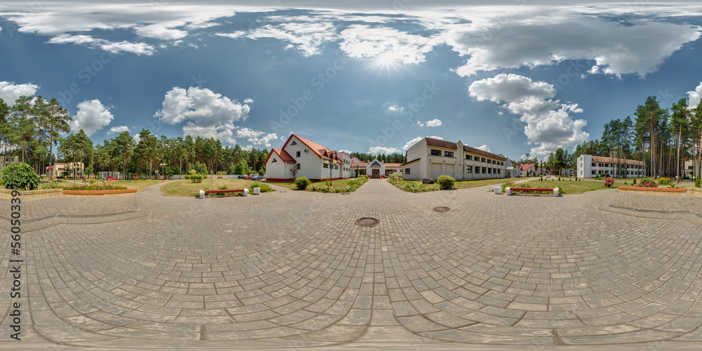 full seamless hdri 360 panorama outside vacation concrete homestead or brick country houses in pinery forest in equirectangular spherical projection in sunny day with clouds in sky