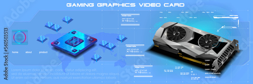 Mockup realistic video card with processor. 3D model video card for computer. Development of electronic digital microdevices. Process mining cryptocurrency with powerful video card