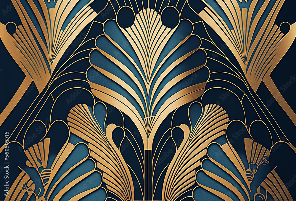 Art deco gold and blue ornate pattern background design. Generative ai Art deco gold and blue ornate pattern background design. Generative ai