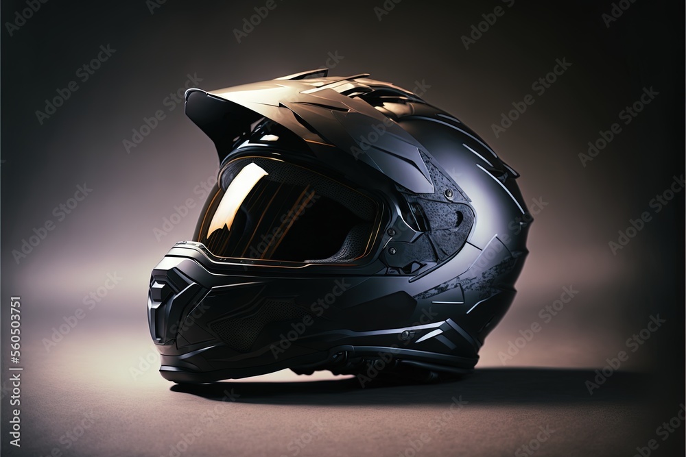 a helmet is shown on a dark background with a light reflection on the