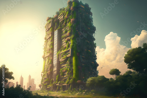 A picture of a high rise skyscraper covered in plants and future environmental city design on a beautiful day. Generative AI