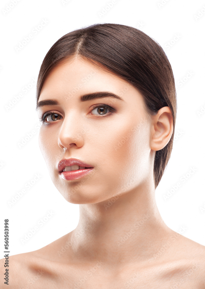 Portrait of attractive girl with healthy clean skin and beautiful make-up. Aesthetic cosmetology and makeup concept. Portrait of attractive girl with healthy clean skin and beautiful make-up. Aesthetic cosmetology and makeup concept.