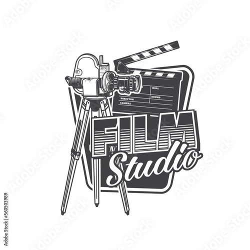 Film studio icon with retro camera and cinematograph clapperboard, vector symbol. Cinema movie and film production studio or cinematography academy sign with filmstrip camera and director clap board