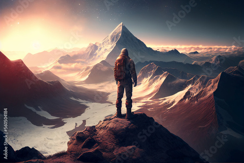 A man stand on the mountains sunset realistic 4K created by AI technology