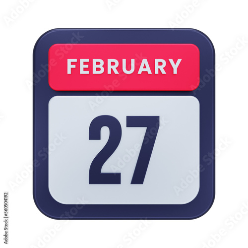 February Realistic Calendar Icon 3D Illustration Date February 27