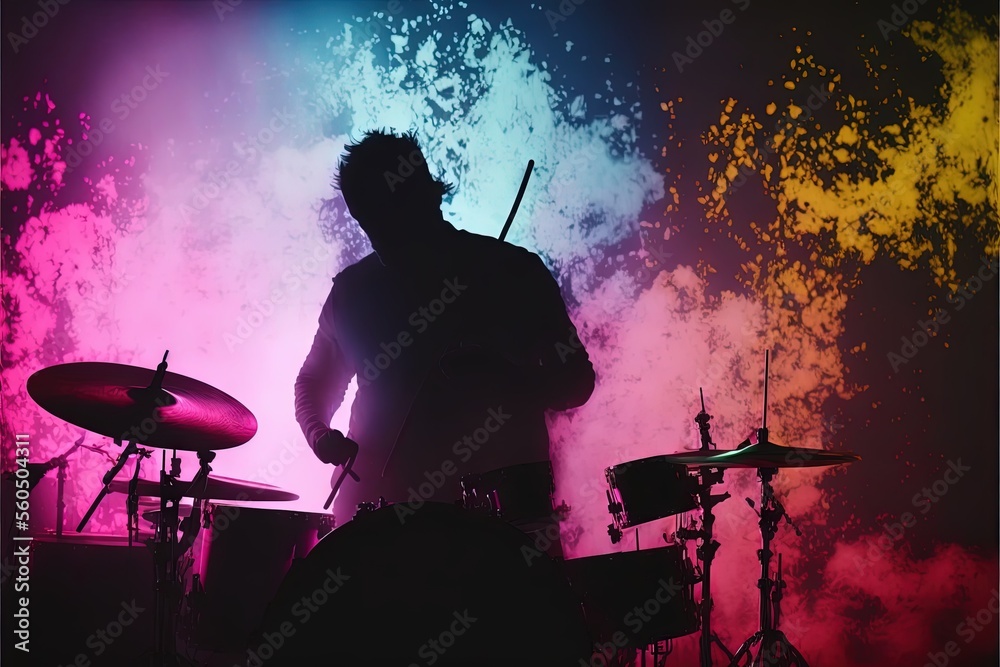 A Man With A Drum Set On Stage In Front Of A Colorful a-man-with-a-drum-set-on-stage-in-front-of-a-colorful