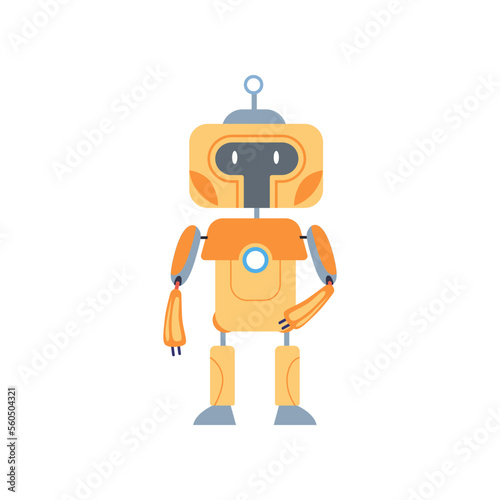 Yellow robot mechanical toy for children vector illustration. Cartoon drawing of robotic toy for kids, robot or cyborg. Technology, future concept