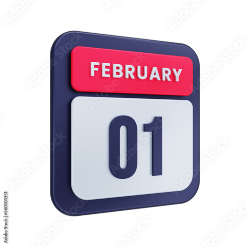 February Realistic Calendar Icon 3D Illustration Date February 01
