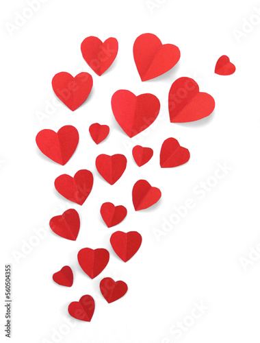 Valentine concept. Paper red hearts on white background