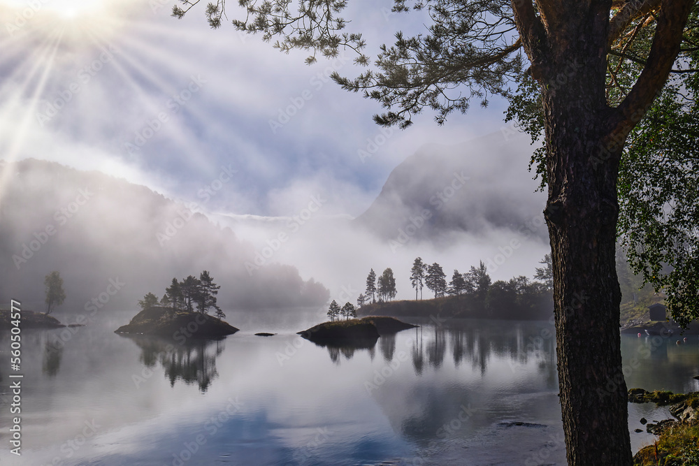 Sonnenstrahlen über See, Herbst mit Frühnebel und Bäume auf Felseninsel Sonnenstrahlen über See, Herbst mit Frühnebel und Bäume auf Felseninsel