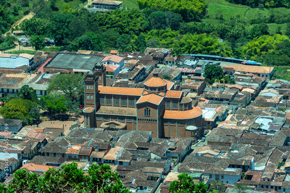Aerial view of the brick church of Jerico (Catedral Virgen de las Mercedes), Antioquia, Colombia, from the Cerro las Nubes (Mount of the Clouds).