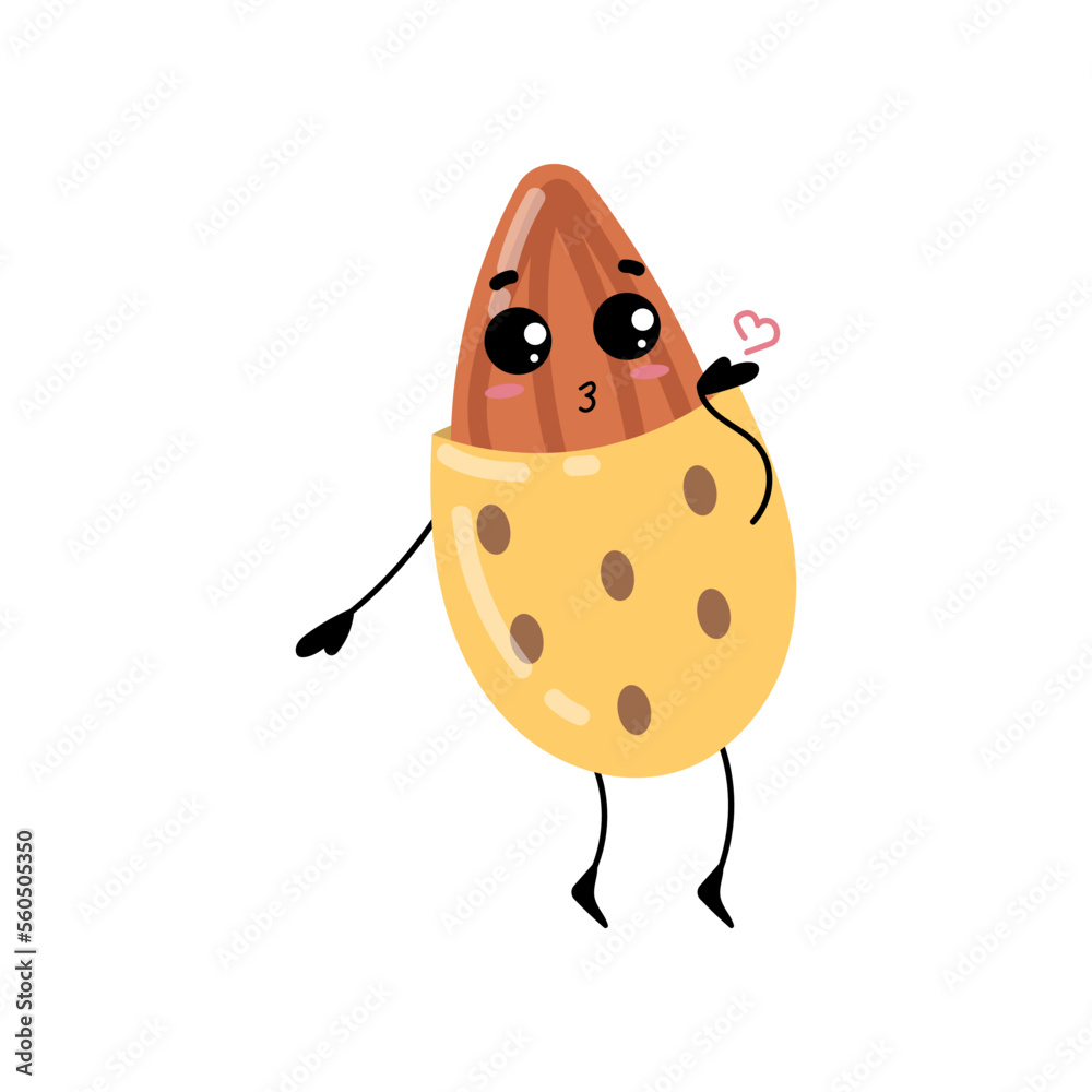 Funny almond with cute face sending kiss cartoon illustration. Almond