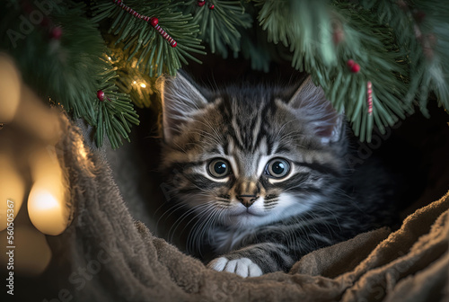 Kitten striped cute sitting under Christmas tree in decorations. Cat as a gift, against the background of glare and fir branches. [Digital art. Generative AI painting] © Вячеслав Герц