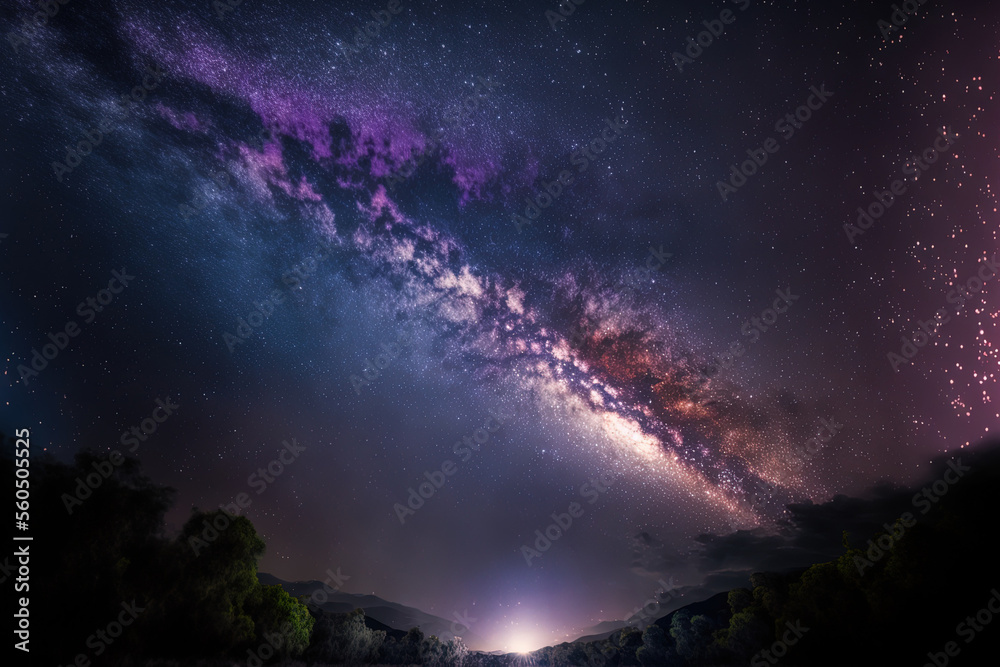 Milky way galaxy at night. Image contains noise and grain due to high ISO. Image also contains soft focus and blur. The Milky Way is our galaxy. Generative AI
