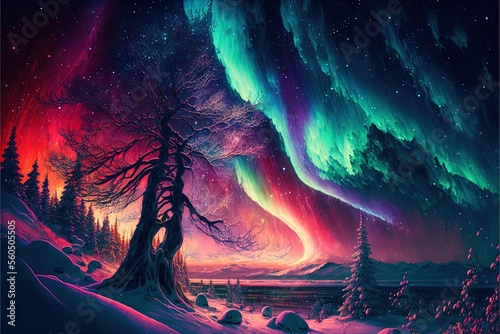  a painting of a colorful aurora bore over a snowy landscape with trees and snow covered ground and a lake in the foreground with a snow covered area and snow covered ground below the sky.