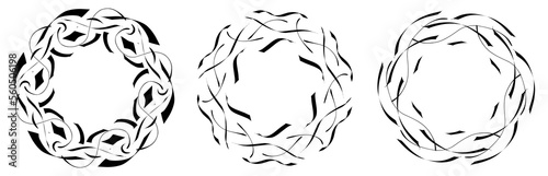 Fototapeta Naklejka Na Ścianę i Meble -  Set of hand painted vector circle black frame borders. Abstract round design element on white background, wedding template