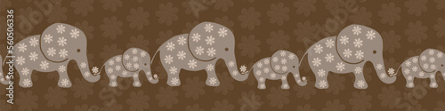Cute baby elephant vector seamless border background. Adorable simple beige brown gender neutral banner with naive hand drawn elephants. Geometric endless design for nursery, children.