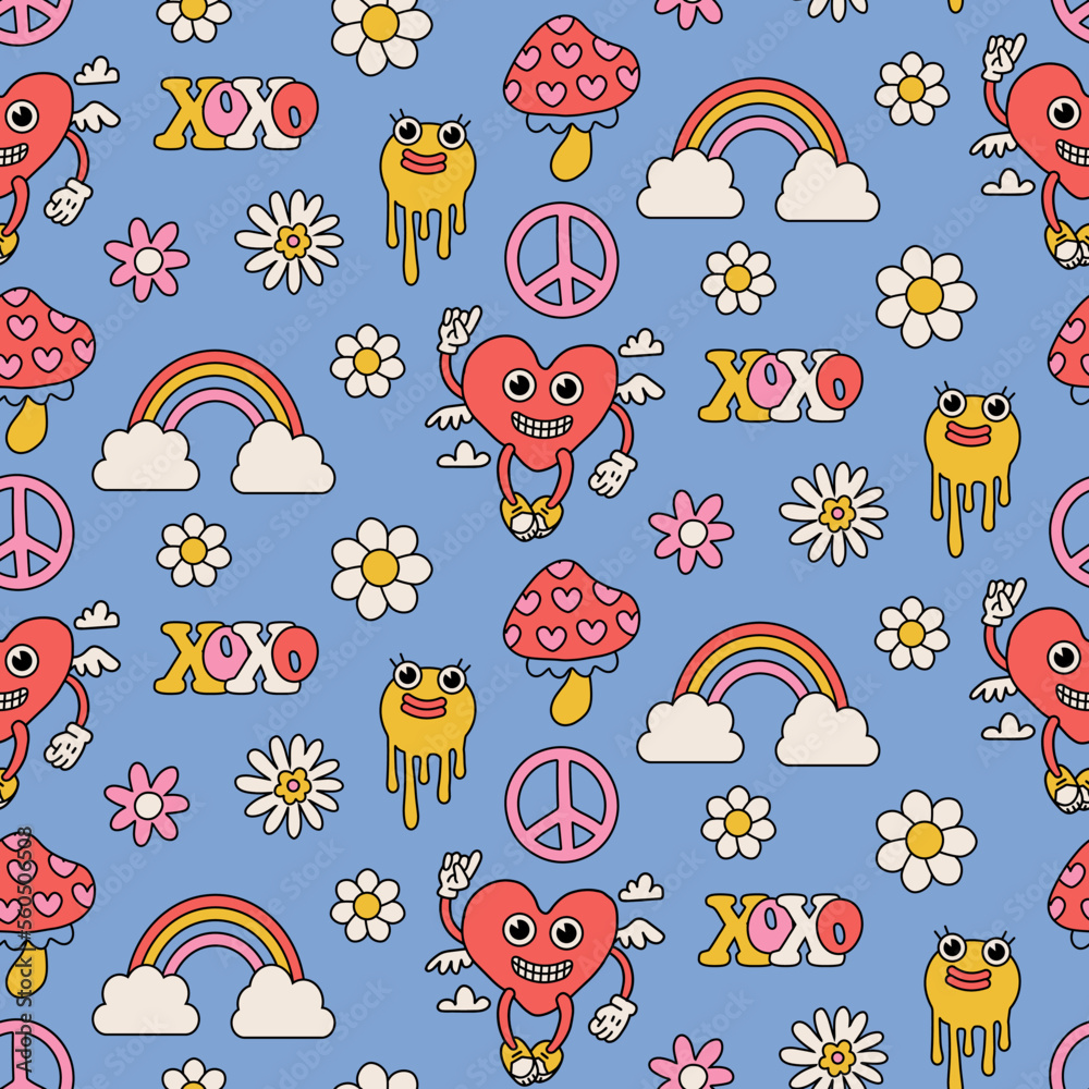 Groovy Retro Valentine s Day love and hearts mascots seamless pattern, digital paper repeating background. Hippie love paper for fabric, wrapping, stationery design. Vector linear illustration. Groovy Retro Valentine s Day love and hearts mascots seamless pattern, digital paper repeating background. Hippie love paper for fabric, wrapping, stationery design. Vector linear illustration.