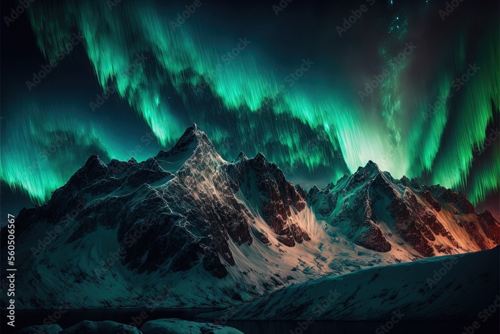  a mountain covered in snow and green lights in the sky above it is a mountain range with snow covered mountains and a green and red aurora light in the sky above it is a mountain.