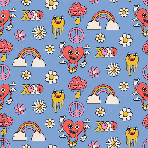 Groovy Retro Valentine s Day love and hearts mascots seamless pattern, digital paper repeating background. Hippie love paper for fabric, wrapping, stationery design. Vector linear illustration.