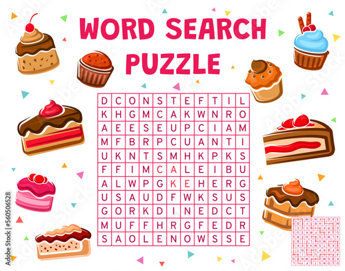 Cakes, cupcakes and pie, word search puzzle game, vector worksheet. Quiz riddle grid to search and find word of pastry desserts and bakery cakes, cheesecake or pudding with muffin and souffle