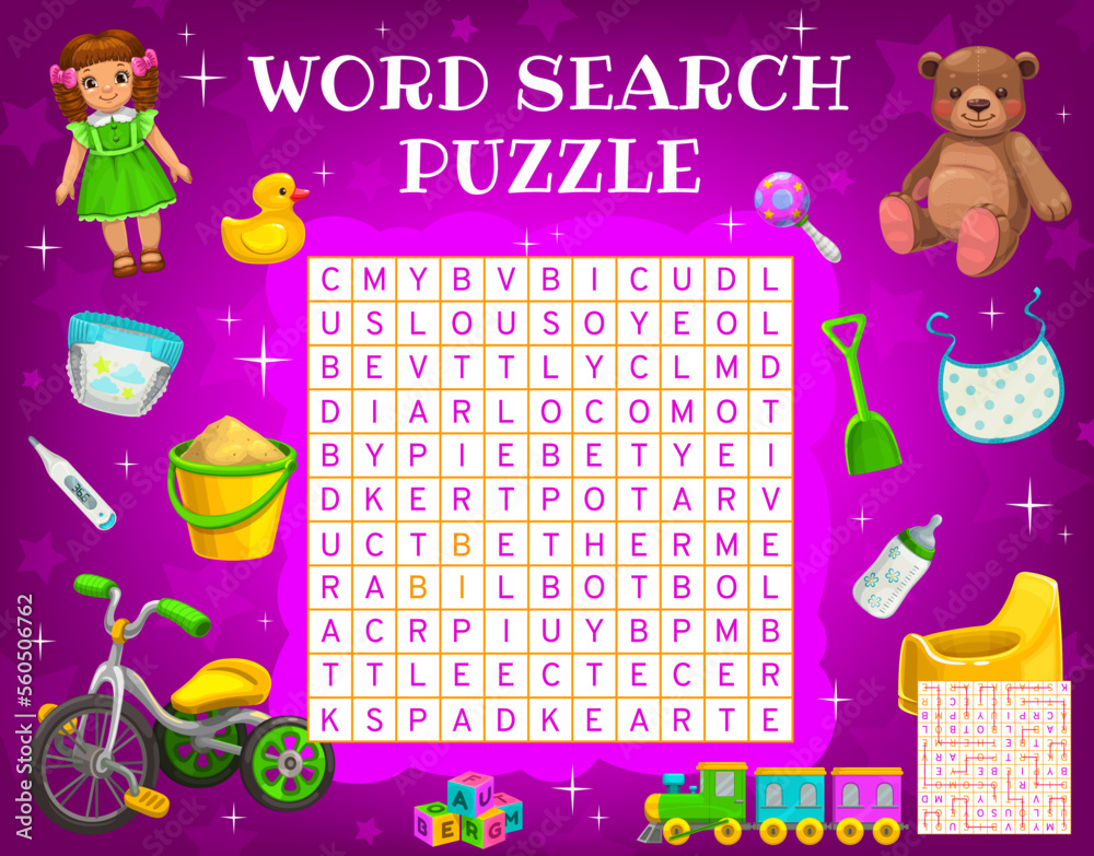 Cartoon kids accessories and toys, word search puzzle game worksheet