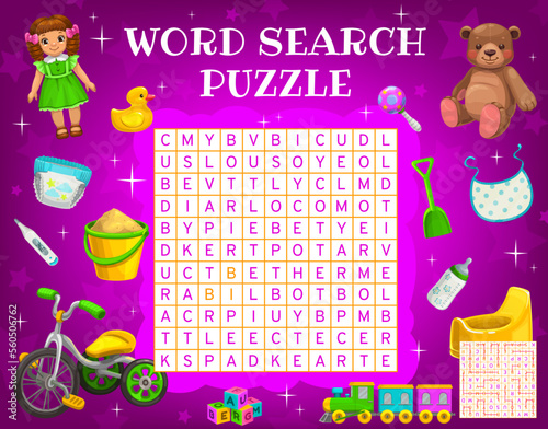 Cartoon kids accessories and toys, word search puzzle game worksheet, vector kids quiz grid. Education riddle to search word of kids toys bear and bicycle, alphabet cubes and thermometer with diaper