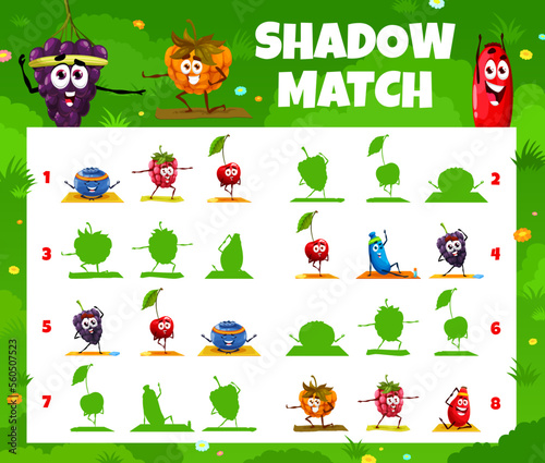 Shadow match game worksheet cartoon berry characters on yoga fitness. Kids vector riddle with blueberry, raspberry, cherry and blackberry with honeysuckle, cloudberry and rose hip sportsman personages