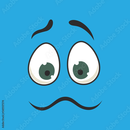 Emoticon with questioning facial expression vector illustration. Eyes and mouth of cute expressive cartoon character, comic happy face isolated on blue background. Emotions concept