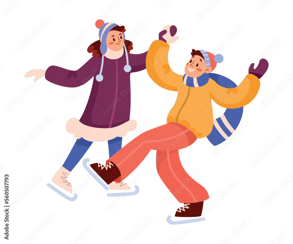 Winter Season with Happy Man and Woman in Knitted Hat Ice Skating Vector Illustration Winter Season with Happy Man and Woman in Knitted Hat Ice Skating Vector Illustration