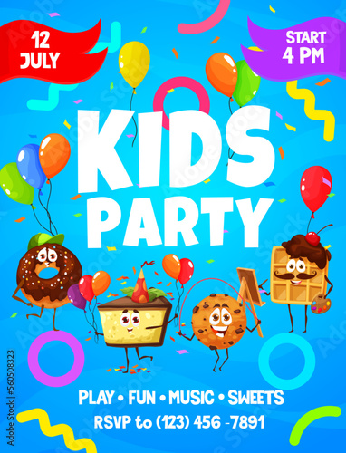 Kids party flyer with cartoon desserts, pastry and bakery characters. Vector promo invitation poster with cute sweet food personages donut, cake, chocolate cookie and waffle with balloons and confetti