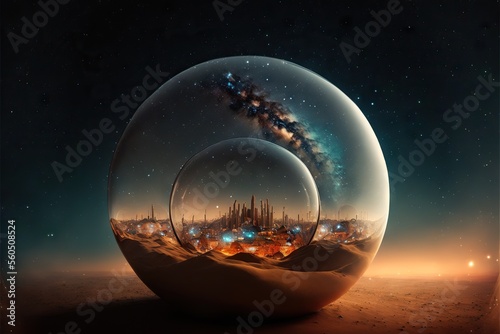 Fototapeta Futuristic city under transparent dome on Mars under beautiful night sky with pl