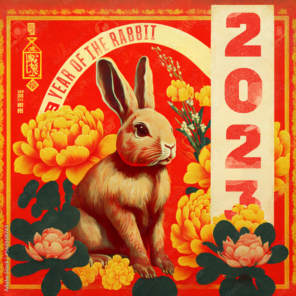 Year of the rabbit - Chinese new year 2023 greeting card with bunny, red traditional Chinese design. Lunar new year concept, vintage retro design. 卯年　年賀状テンプレート - obrazy, fototapety, plakaty 