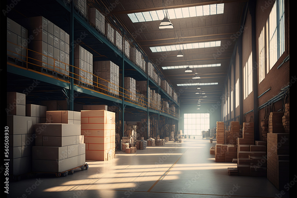 Carton boxes boxes in warehouse. Warehouse for product storage and logistics. AI generative Carton boxes boxes in warehouse. Warehouse for product storage and logistics. AI generative