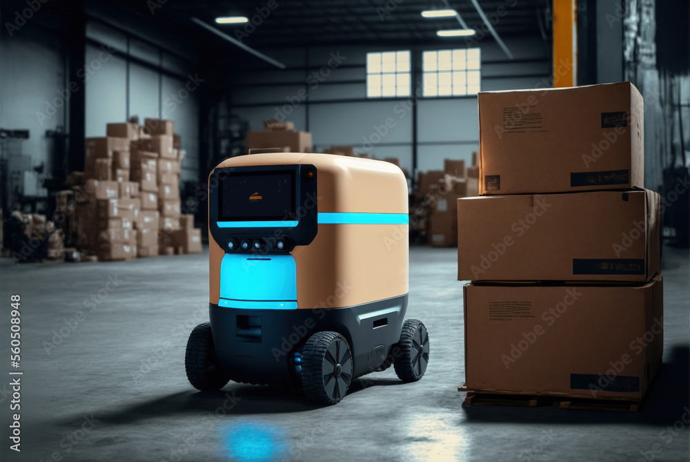 High-tech AGV efficiently transporting goods in a warehouse setting, generative ai High-tech AGV efficiently transporting goods in a warehouse setting, generative ai