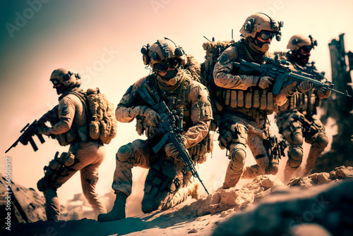 Military Tactical Special Squad Special Forces Unit, Equipped Armed Soldiers, Full Gear, Wartime, Battlefield Epic Scene