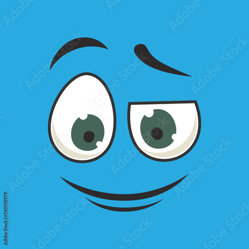 Emoticon with confident or interested facial expression illustration. Eyes and mouth of cute expressive cartoon character, comic happy face isolated on blue background. Emotions concept