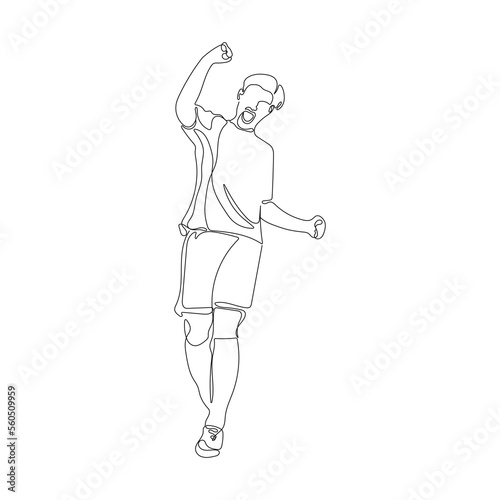 Soccer player celebrating goal. One continuous drawn line. Football Player in sport uniform. Sport Success Celebration. Vector illustration © Bieliola