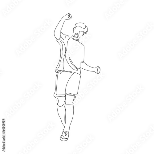 Soccer player celebrating goal. One continuous drawn line. Football Player in sport uniform. Sport Success Celebration. Vector illustration