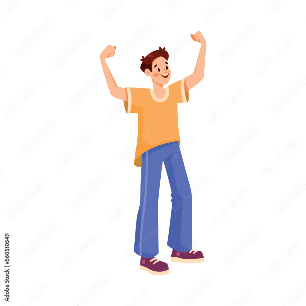 Man Sport Fan Character with Raised Hands Supporting Team Cheering at Stadium Vector Illustration Man Sport Fan Character with Raised Hands Supporting Team Cheering at Stadium Vector Illustration