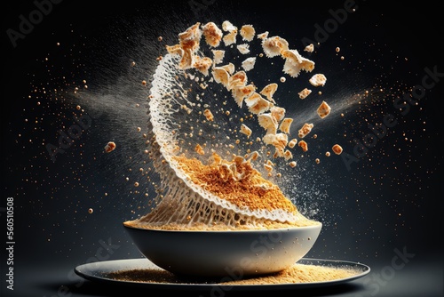  a bowl of cereal is being tossed with a spray of sugar on a black background with a splash of orange powder on the bowl and on the plate is falling off of the bowl and.