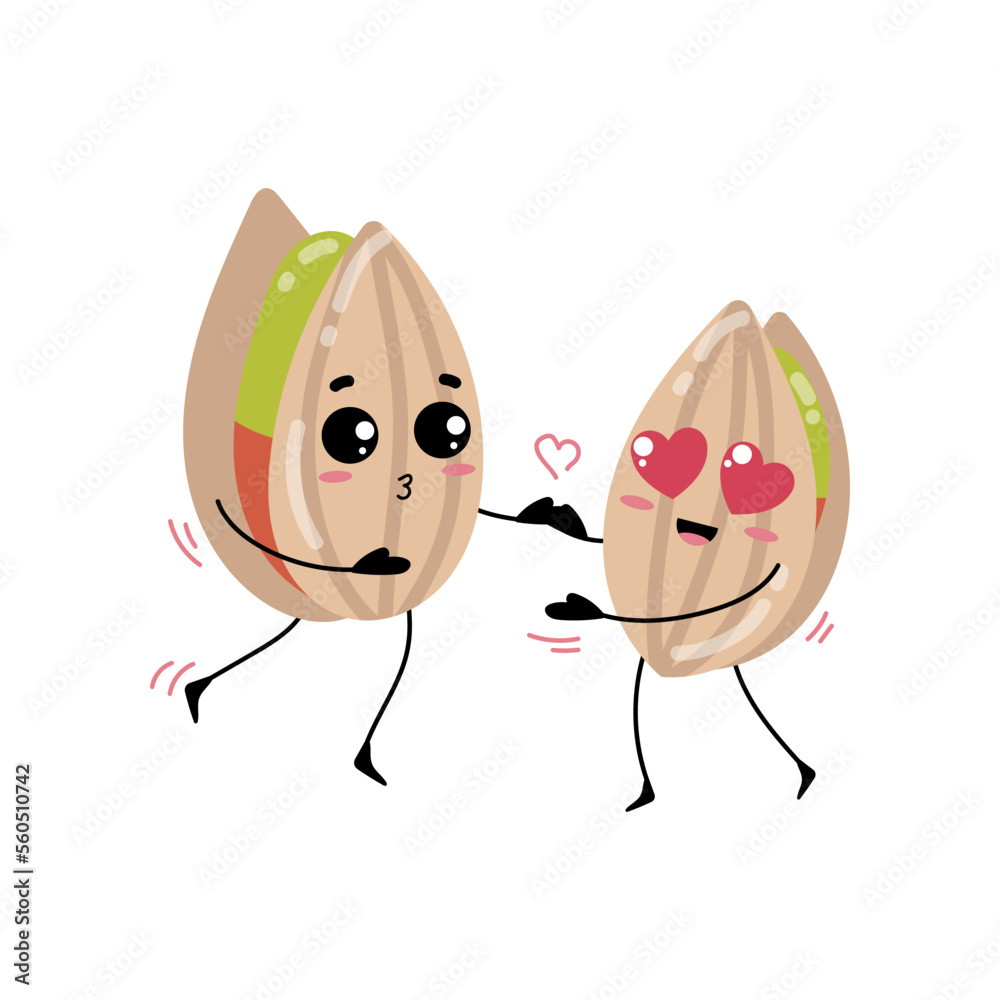 Funny pistachios with cute face kissing cartoon illustration. Pistachio