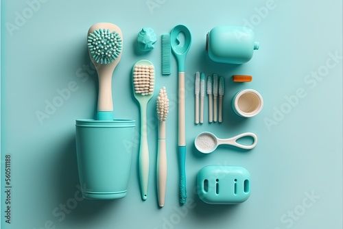  a blue table with toothbrushes  toothpaste  and other items on it  including a cup  toothbrush holder  and toothpaste holder  and other items on a blue background.