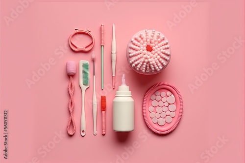  a pink table with a pink case, toothbrush, and other items on it, including a pink case, a pink comb, a pink case, and a pink background, and a.