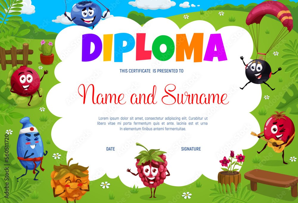 Obraz premium Kids diploma. Cartoon berry characters summer vacation. Kids certificate, child education achievement vector diploma, school award document with honeyberry, raspberry and blueberry funny personages