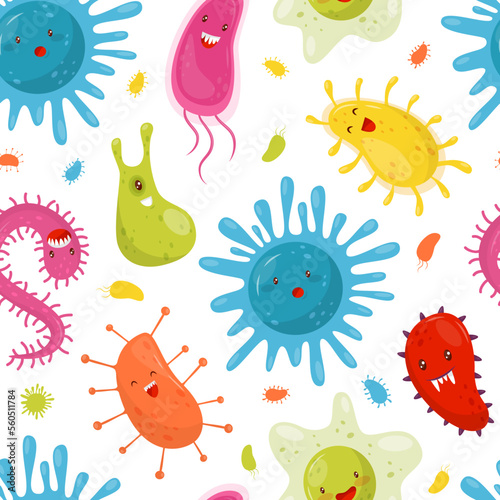 Funny Germs and Bacteria with Cute Face Seamless Pattern Vector Template © Happypictures